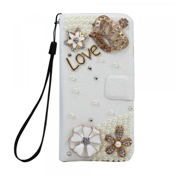 Wholesale Galaxy S6 Crystal Flip Leather Wallet Case with Strap (Crown White)